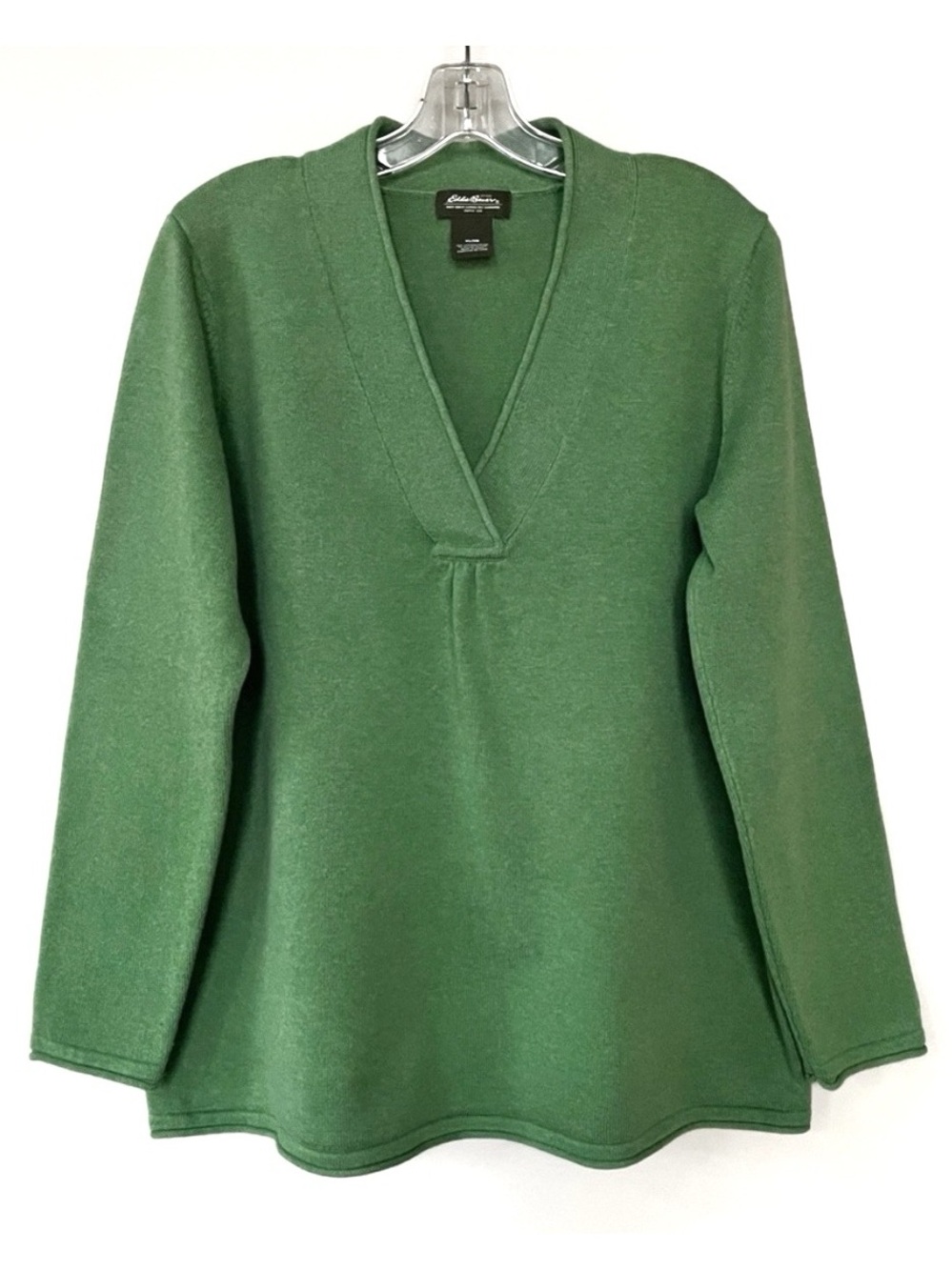 VTG Eddie Bauer Sweater Womens XL Solid Green Cotton Long Sleeve Pullover V Neck